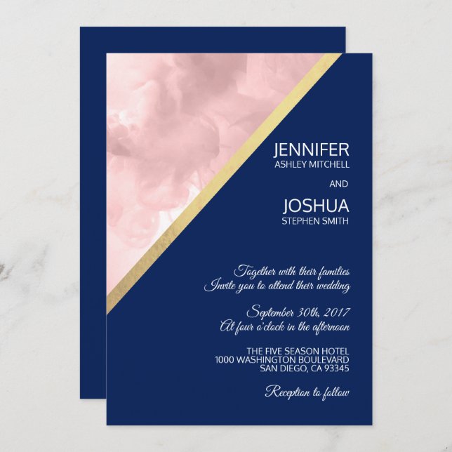 Invitation Aquarelle Blush Rose Marine Bleu Mariage à huile o (Devant / Derrière)