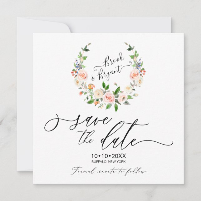 Invitation Aquarelle Blush Roses Wreath Enregistrer la date (Devant)