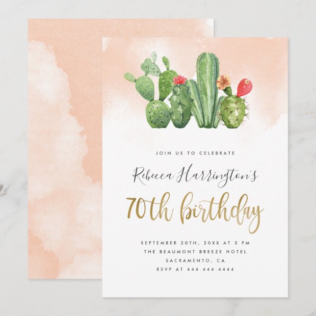 Invitation Aquarelle Blush simple et Cactus 70e anniversaire (Devant / Derrière)