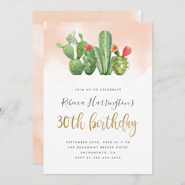 Invitation Aquarelle blush tendance & Cactus 30e anniversaire (Devant / Derrière)
