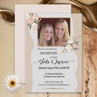Invitation Aquarelle Bohème Floral Photo Twin Anniversaire