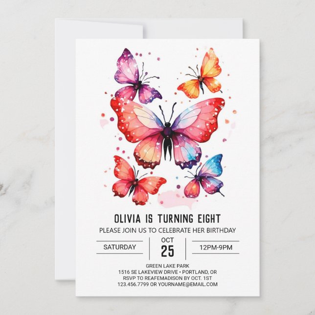 Invitation Aquarelle Bohème papillon fille Anniversaire (Devant)