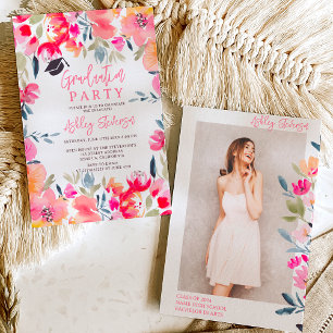 Invitation Aquarelle bohème rose fleurs graduation