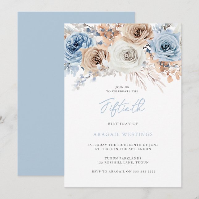 Invitation Aquarelle Boho Blue Floral 50e anniversaire (Devant / Derrière)