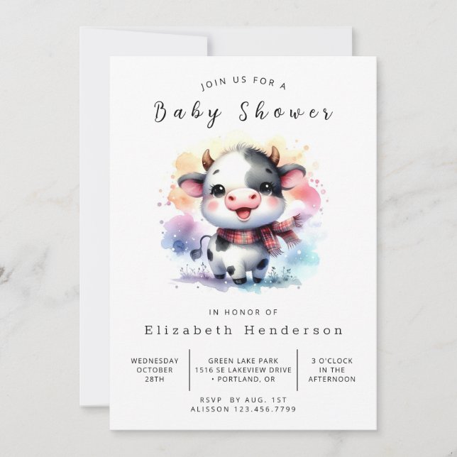 Invitation Aquarelle Boho Chic Cow Baby shower (Devant)