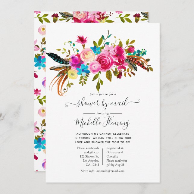 Invitation Aquarelle Boho Chic Floral Baby shower par Mail (Devant / Derrière)