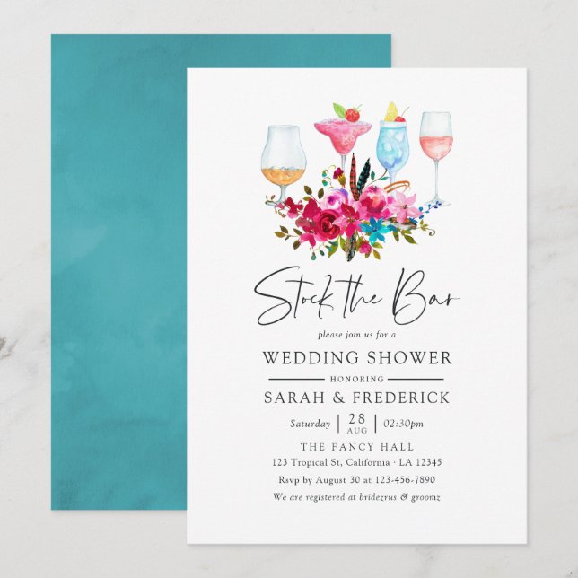 Invitation Aquarelle Boho Chic Floral Stock Bar (Devant / Derrière)