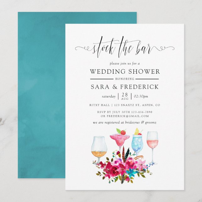 Invitation Aquarelle Boho Chic Floral Stock le Bar (Devant / Derrière)