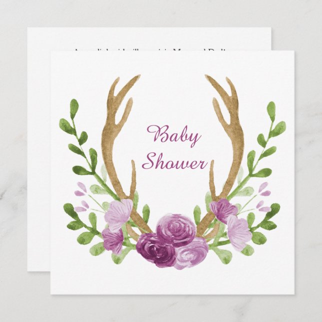 Invitation Aquarelle Boho Chic Purple Fleurs Baby shower (Devant / Derrière)