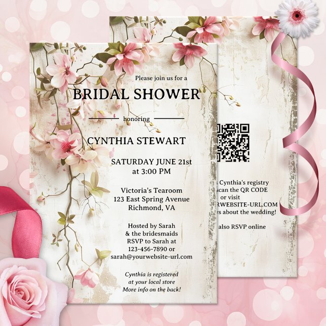 Invitation Aquarelle Boho Chic rose Fête des mariées florale (Boho chic bridal shower invitation showing watercolor pink flowers on a rustic background - QR code)