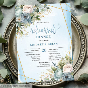 Invitation Aquarelle Boho Dusty Blue Gold Parties scintillant