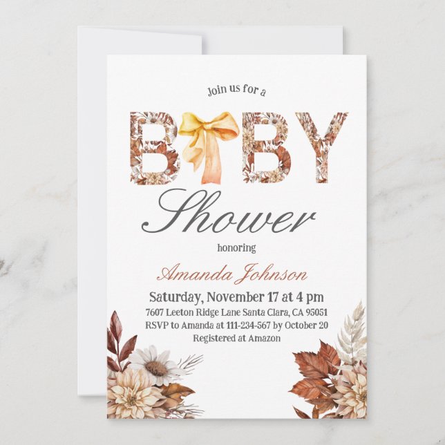 Invitation Aquarelle Boho Fall Floral Bow Baby shower (Devant)