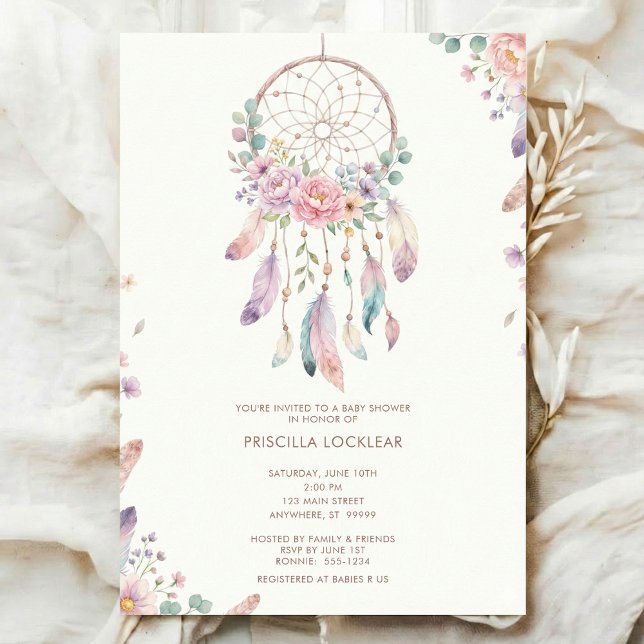 Invitation aquarelle Boho fleur Dreamcatcher Baby Shower (Créateur téléchargé)