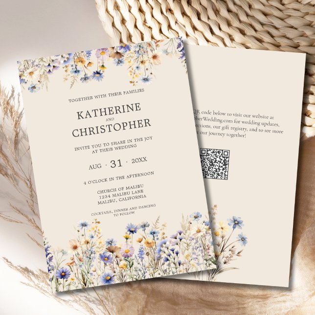 Invitation Aquarelle BOHO Fleur sauvage Élégant Mariage beige (BOHO Wildflowers Elegant Wedding Invitation with Purple, Blue, Yellow Wildflowers, QR Code, Beige.)