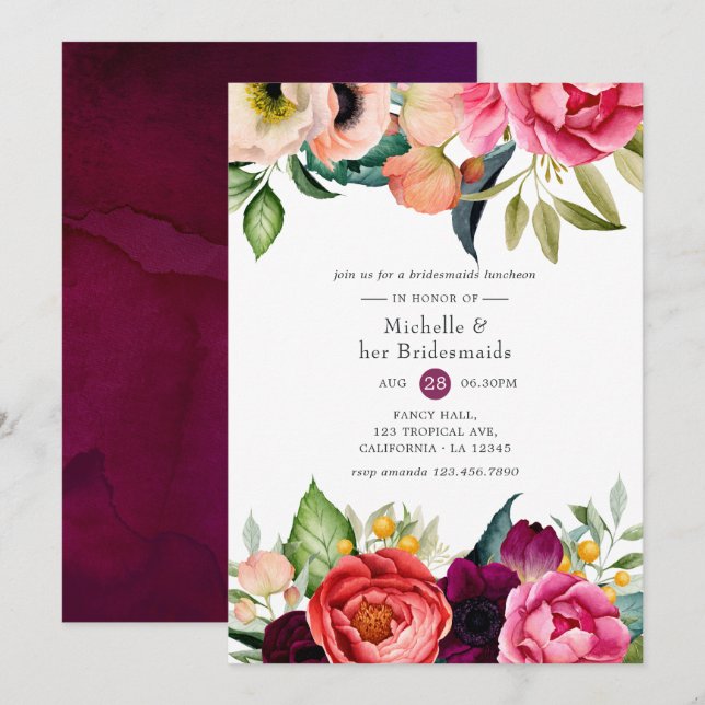 Invitation Aquarelle Boho Floral Bridesservantes Déjeuner (Devant / Derrière)