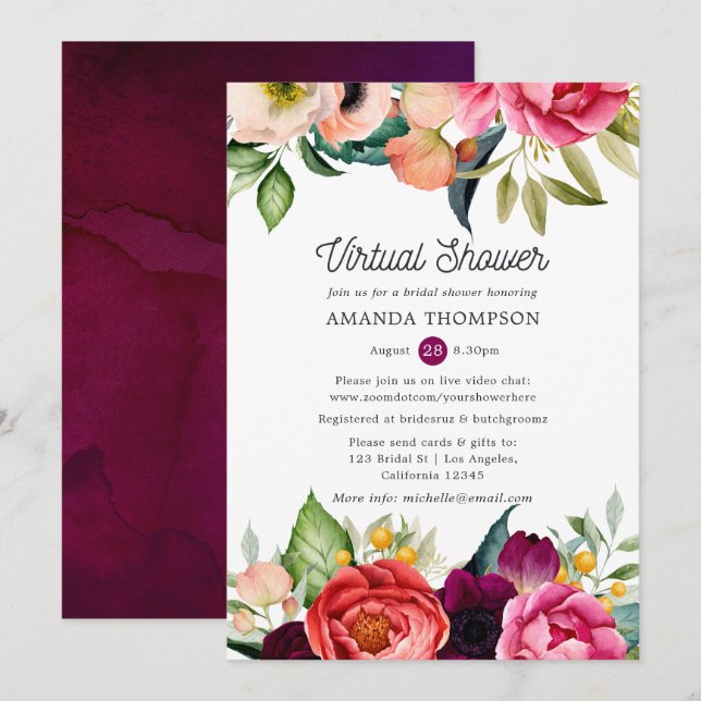 Invitation Aquarelle Boho Floral Fête des mariées virtuelle (Devant / Derrière)