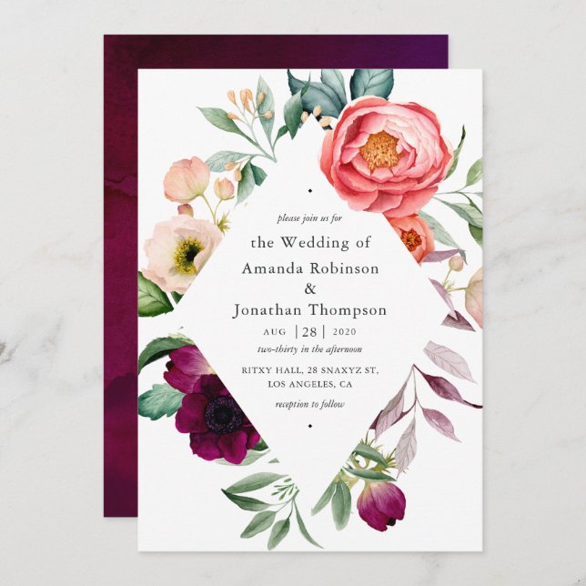 Invitation Aquarelle Boho Mariage Floral (Devant / Derrière)
