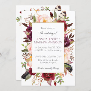Invitation Aquarelle Boho Marsala Rouge Bourgogne Rose Frame