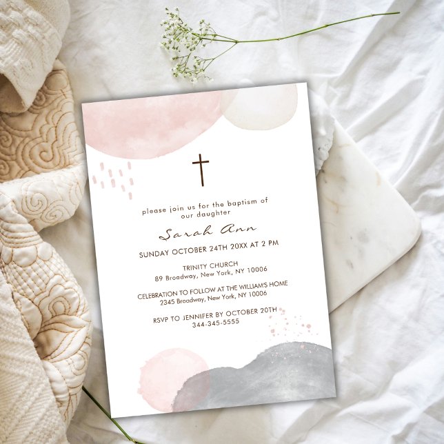 Invitation Aquarelle Boho moderne Croix Abstraite Baptême (Modern Boho Watercolor Abstract Cross Baptism Invitation)