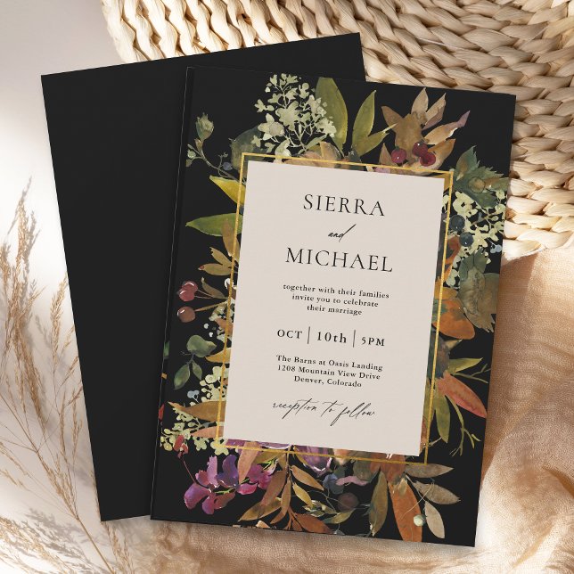 Invitation Aquarelle Boho Noir Mariage floral peint (Fall floral wedding invitations with boho watercolor painted florals
)