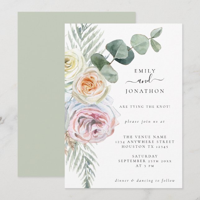 Invitation Aquarelle Boho Pastel Florals Eucalyptus Mariage (Devant / Derrière)