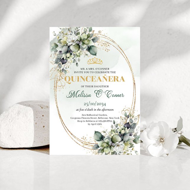 Invitation aquarelle Boho Quinceañera Or Gold Euca (Eucalyptus Gold Boho Quinceañera Watercolor Invite)