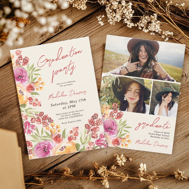 Invitation Aquarelle Boho Retro Floral 3 photos Graduation (Retro Boho Watercolor Floral 3 photos Graduation Invitation)