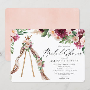 Invitation Aquarelle Boho rose bordeaux douche à fleurs