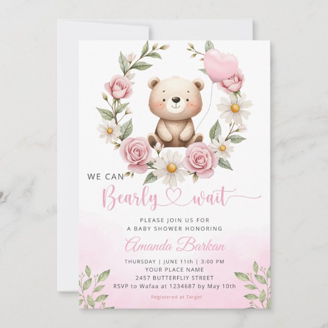 Invitation Aquarelle Boho rose Teddy Bear Baby shower fille (Devant)