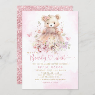 Invitation Aquarelle Boho rose Teddy Bear Baby shower fille