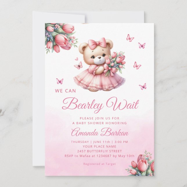 Invitation Aquarelle Boho rose Teddy ours Baby shower fille (Devant)