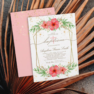 Invitation Aquarelle Boho rose Verre vert Baptême floral