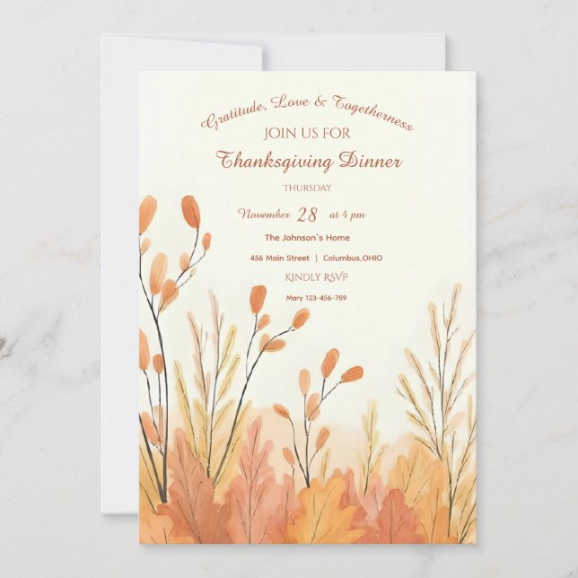 Invitation Aquarelle Boho Russe Pampas Grass Thanksgiving (Devant)