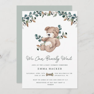 Invitation Aquarelle Boho Teddy Bear Baby shower de verdure