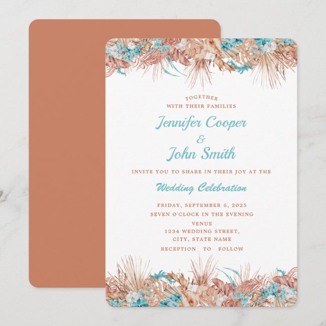 Invitation Aquarelle Boho Terracotta Mariage Floral (Devant / Derrière)