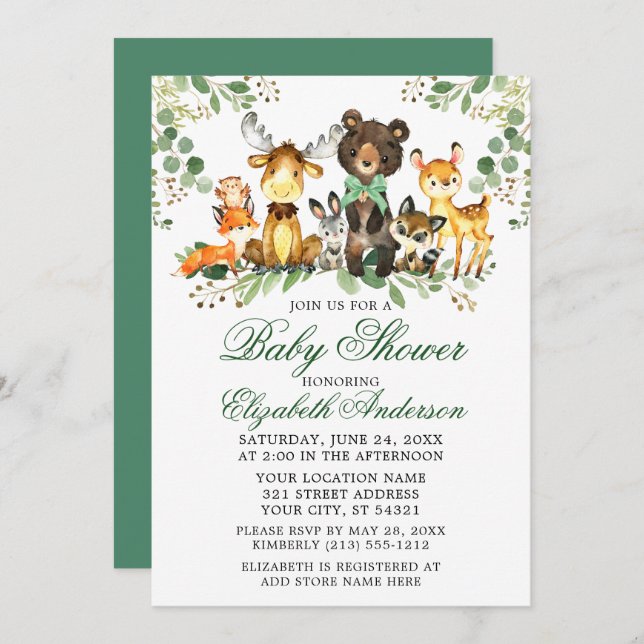 Invitation Aquarelle Bois Animaux Baby shower Bow vert (Devant / Derrière)