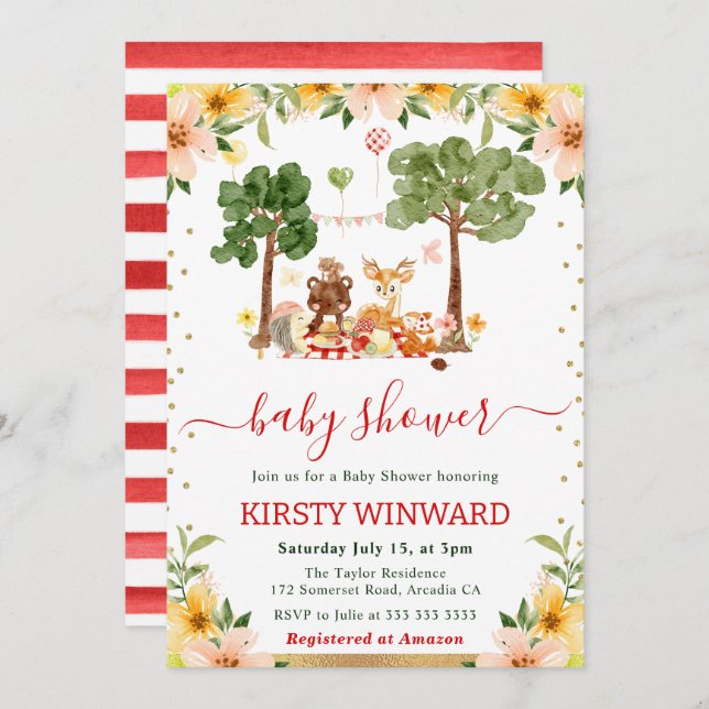 Invitation Aquarelle Bois Animaux Baby shower de pique-nique (Devant / Derrière)