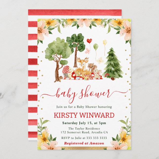 Invitation Aquarelle Bois Animaux Baby shower de pique-nique (Devant / Derrière)