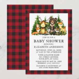 Invitation Aquarelle Bois Animaux Baby shower Rouge Plaid