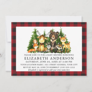 Invitation Aquarelle Bois Animaux Baby shower Rouge Plaid