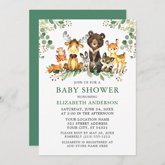 Invitation Aquarelle Bois Animaux Baby shower verdoyant (Devant / Derrière)