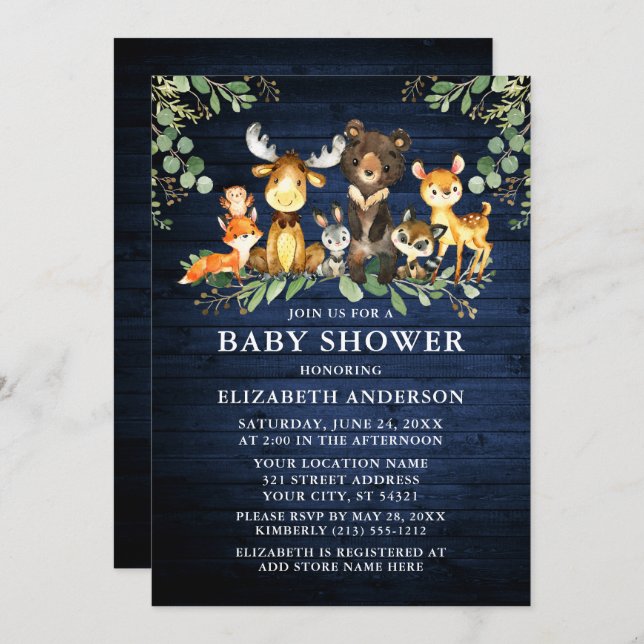 Invitation Aquarelle Bois Animaux Bois Végétal Douche (Devant / Derrière)