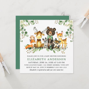 Invitation Aquarelle Bois Animaux Bow Baby shower Carré