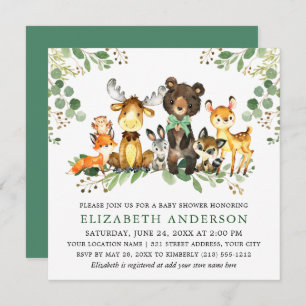 Invitation Aquarelle Bois Animaux Bow Baby shower Carré
