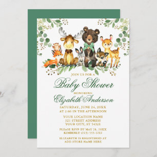 Invitation Aquarelle Bois Animaux Bow Baby shower Or