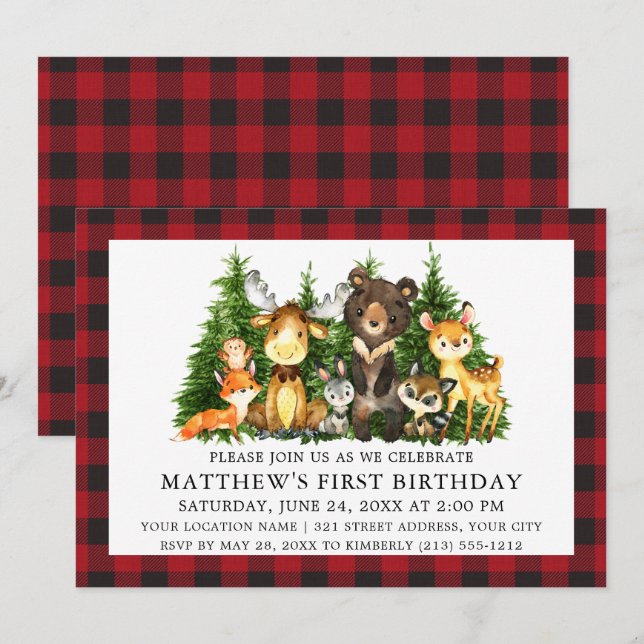 Invitation Aquarelle Bois Animaux Plaid Premier Anniversaire (Devant / Derrière)