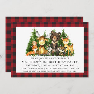 Invitation Aquarelle Bois Animaux Première Anniversaire Plaid