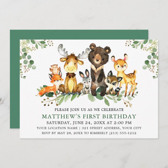 Invitation Aquarelle Bois Animaux Première Anniversaire Vert (Devant / Derrière)