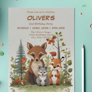 Invitation Aquarelle Bois Animaux Végétation 2e anniversaire
