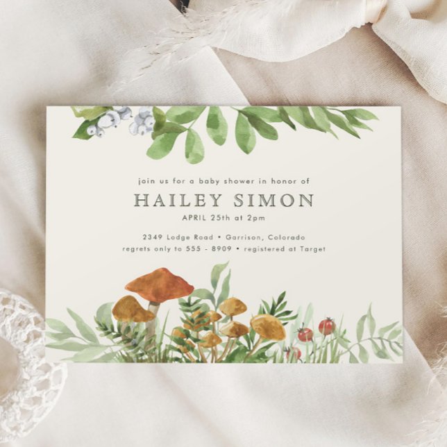 Invitation Aquarelle Bois Champignons Baby shower vert (Créateur téléchargé)